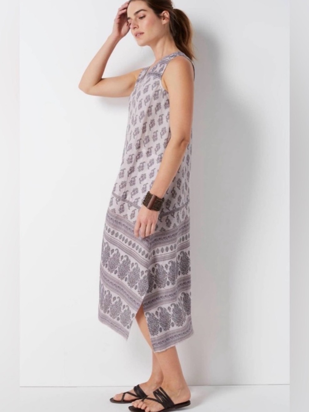Pure Jill 100% Linen Bungalow Dress Mauve Tint Placed Paisley Large P NWOT